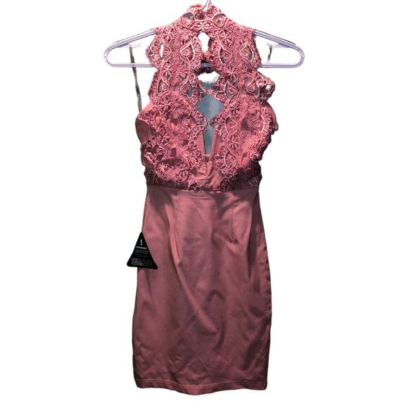 NWT Rare London Women's High Neck Plunge Lace Bodycon Mini Dress Sz XS Pink - Picture 3 of 11